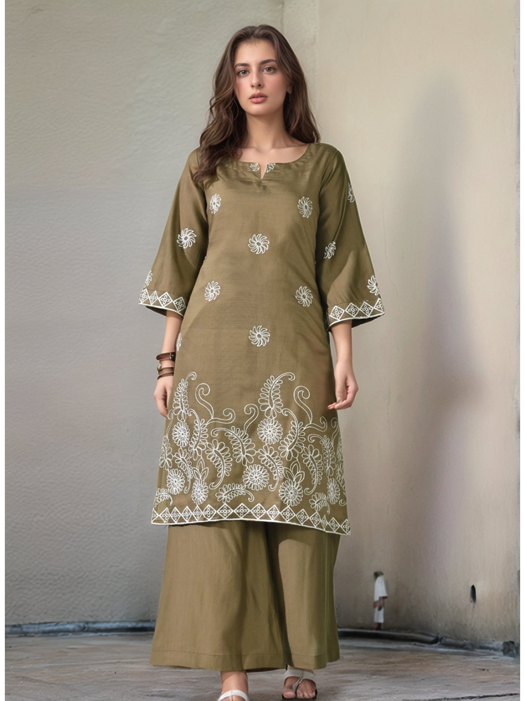 Myshka Women Embroidered Calf Length Olive Kurta With Palazzo