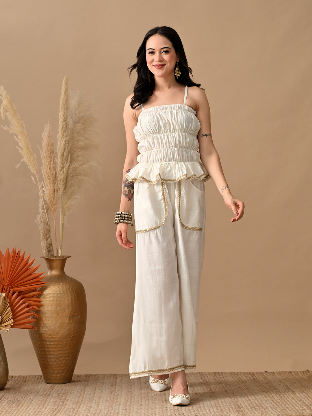Myshka Women White Self Design Tube Top Trouser Festive