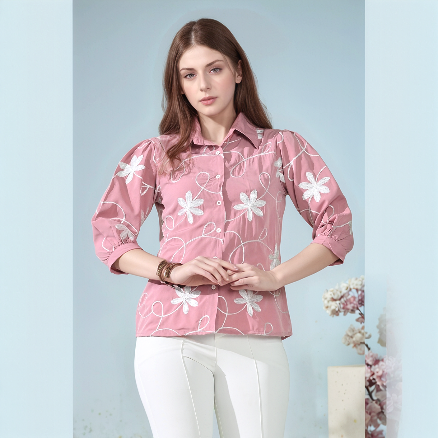 Myshka Women Causal Shirt Style Embroidered Top Pink Color
