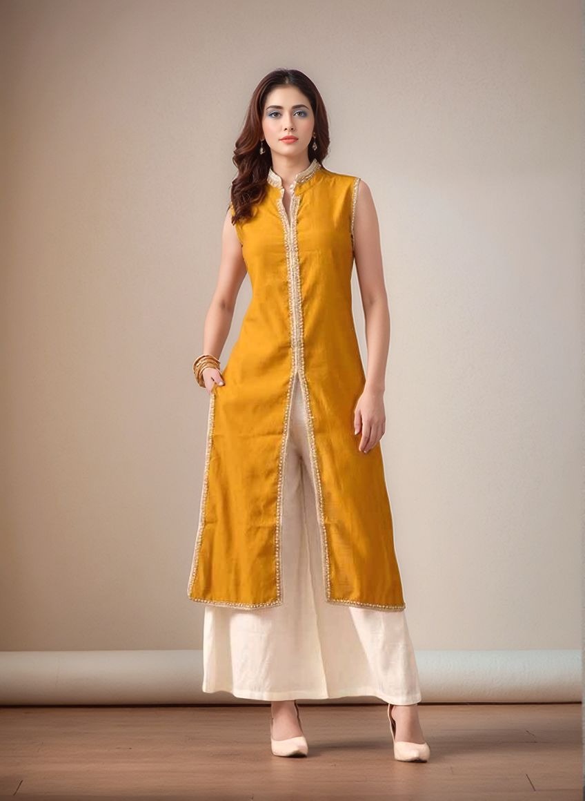 Myshka Women Kurta Set Yellow Laced Panel Kurta with Palazzo Round Neck A-line