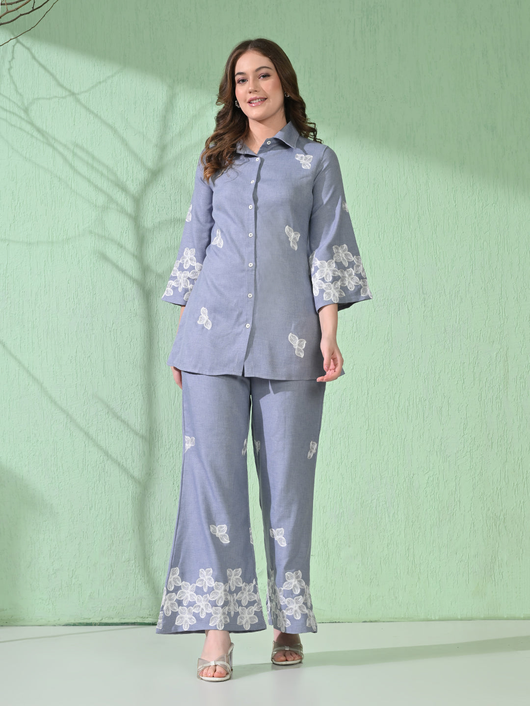 Myshka Women Floral Embroidered SkyBlue Tunic with Trouser