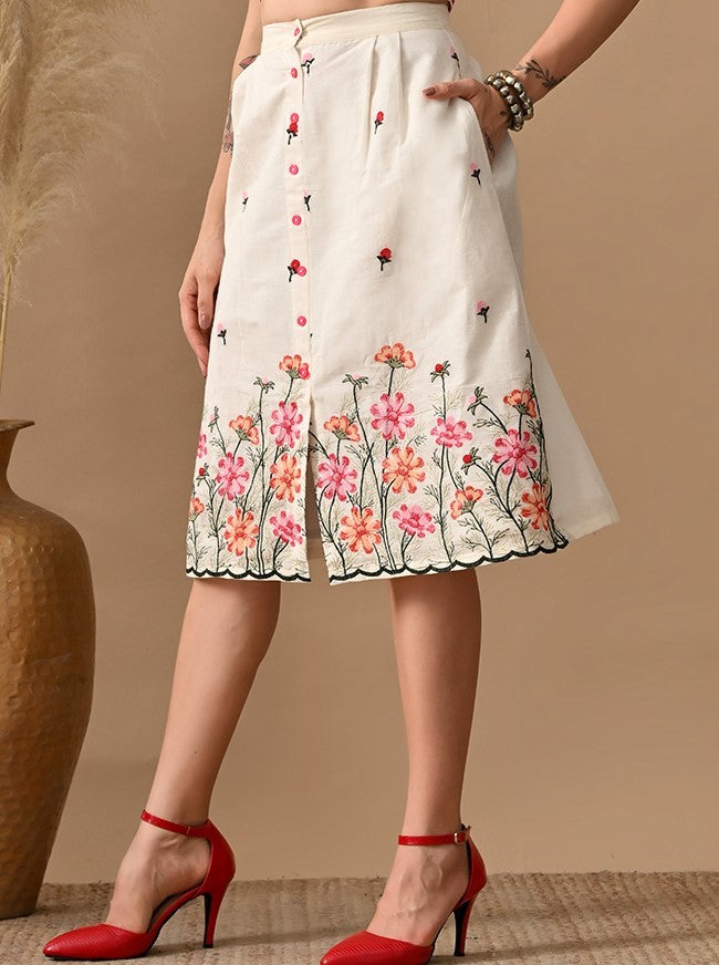 Myshka Women Classy Multi Color Thread Embroidered Pleated A-line Skirt Button closure