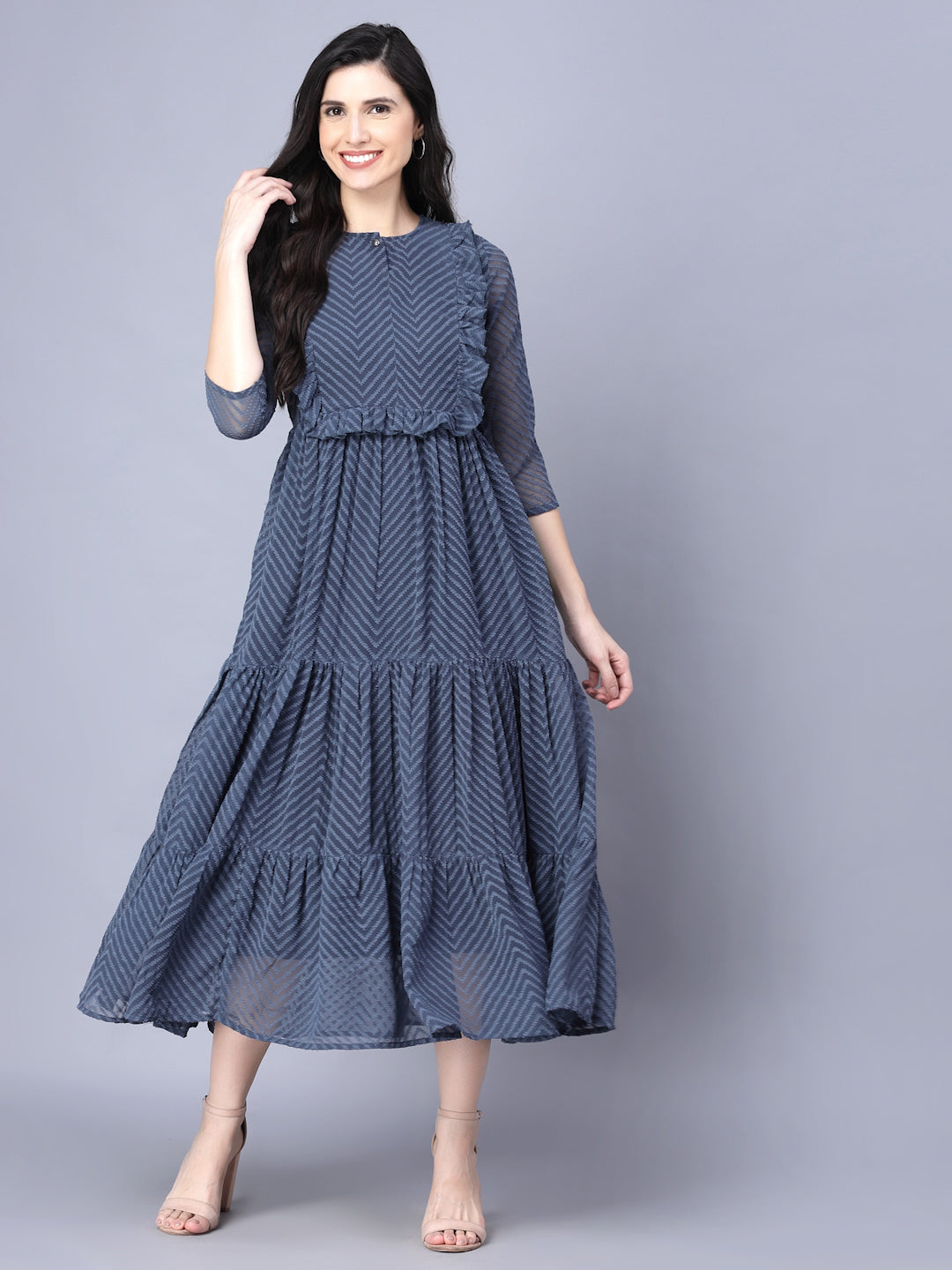 Myshka Myshka Georgette Solid 3/4 Sleeve Round Dark Grey Women Dress