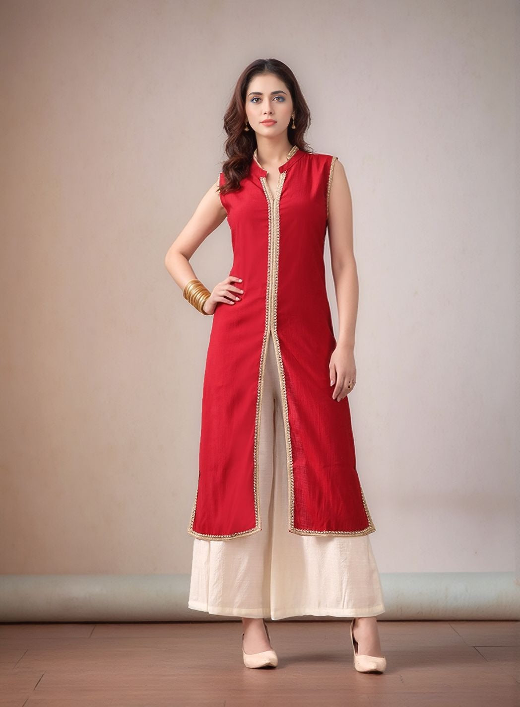 Myshka Women Kurta Set Red Laced Panel Kurta with Palazzo Round Neck A-line
