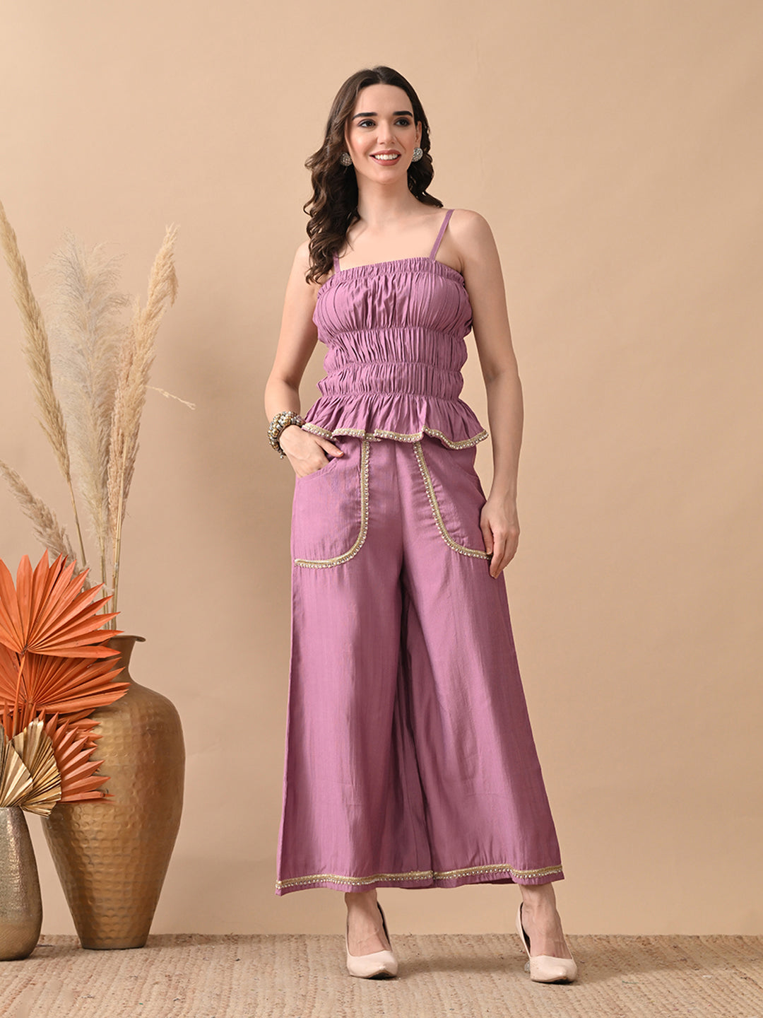 Myshka Women Lavender Self Design Tube Top Trouser Festive