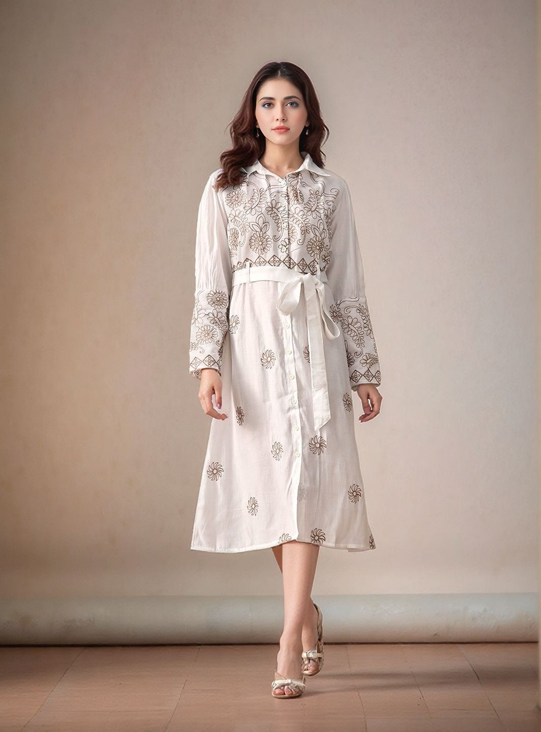 Myshka Women White Embroidered Shirt Dress Trendy Full Sleeves