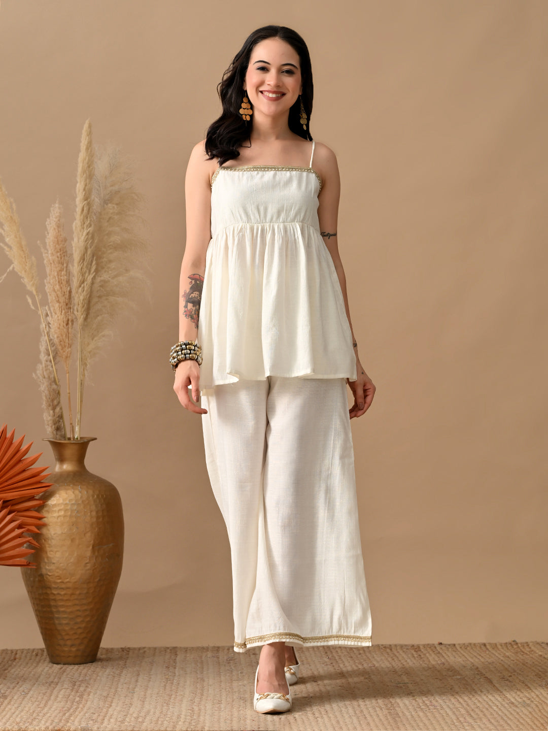 Myshka Women White Self Design Peplum Top Trouser Festive