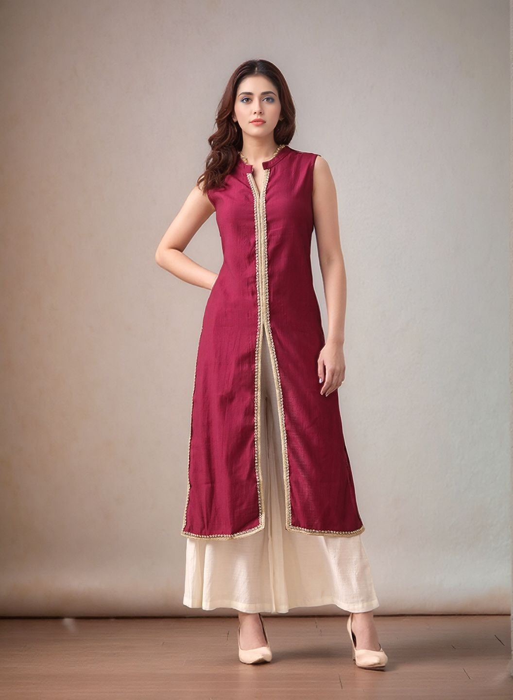 Myshka Women Kurta Set Magenta Laced Panel Kurta with Palazzo Round Neck A-line