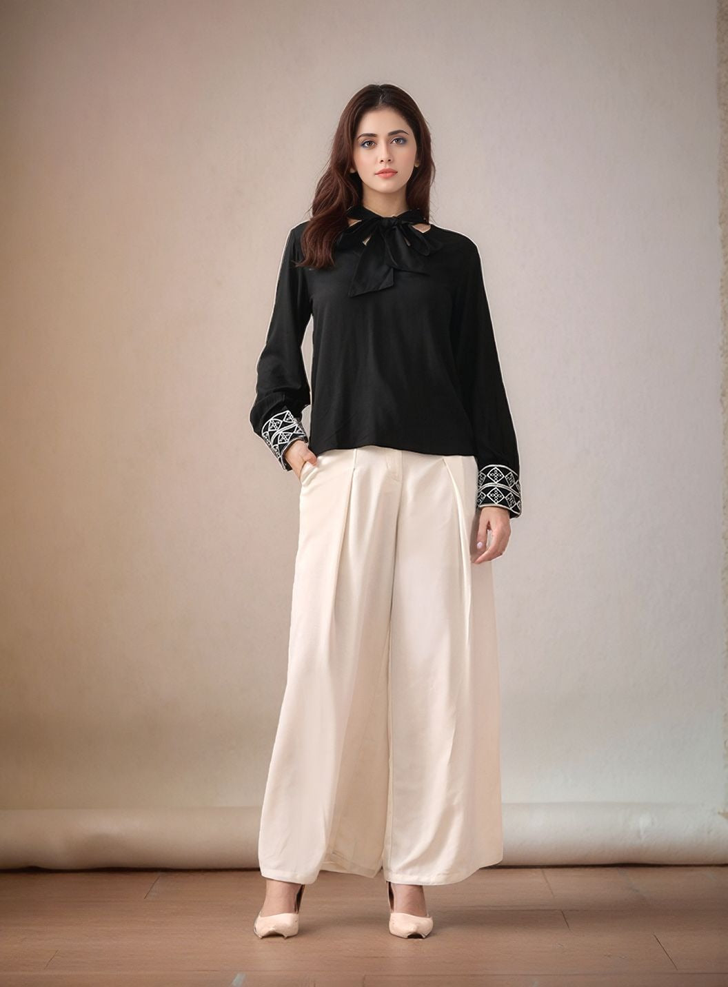 Myshka Women Black Embroidered Cuff Shirt Tie-up Neckline