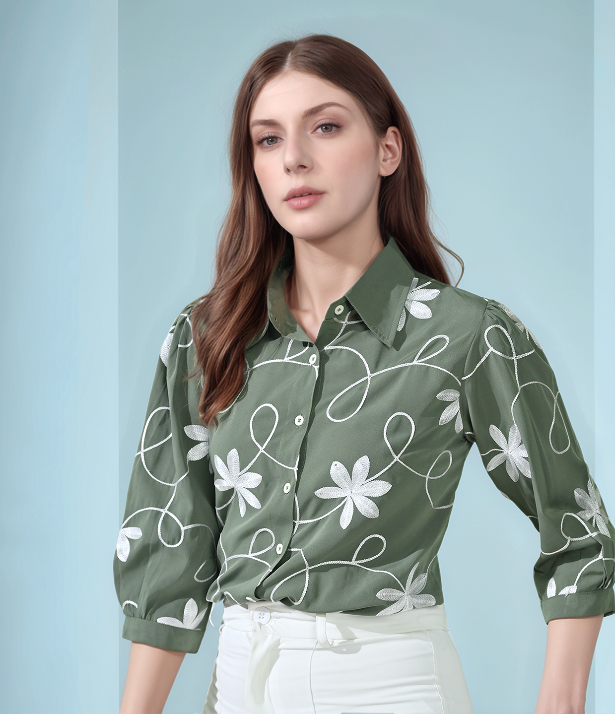 Myshka Women Causal Printed Shirt Style Embroidered Top Olive Color