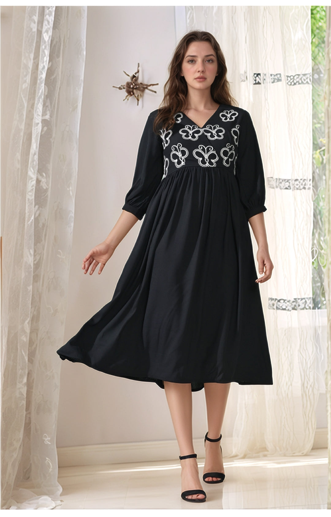 Myshka Women Flared Knee Length Embroidered Navy Dress