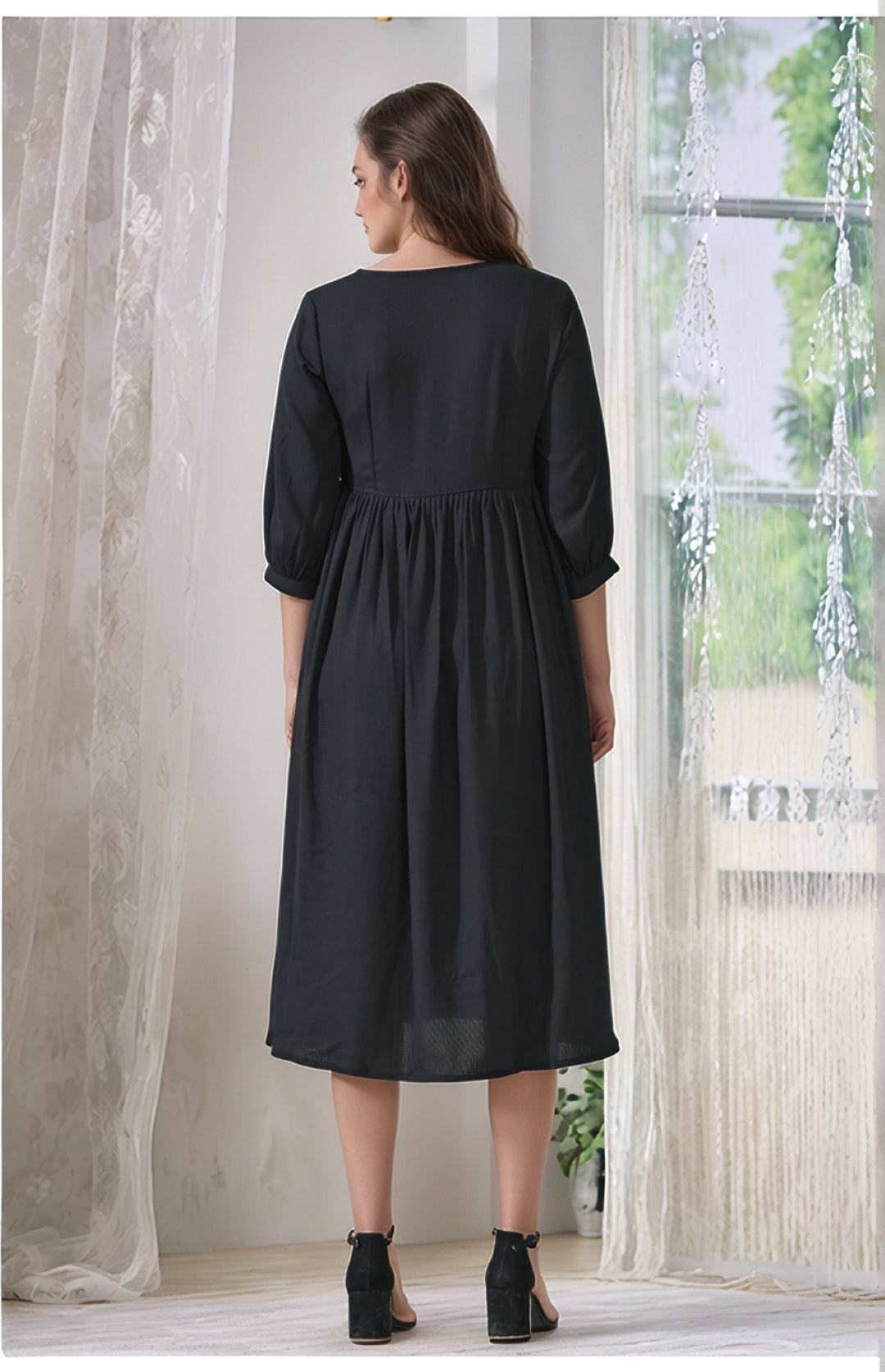 Myshka Women Flared Knee Length Embroidered Navy Dress