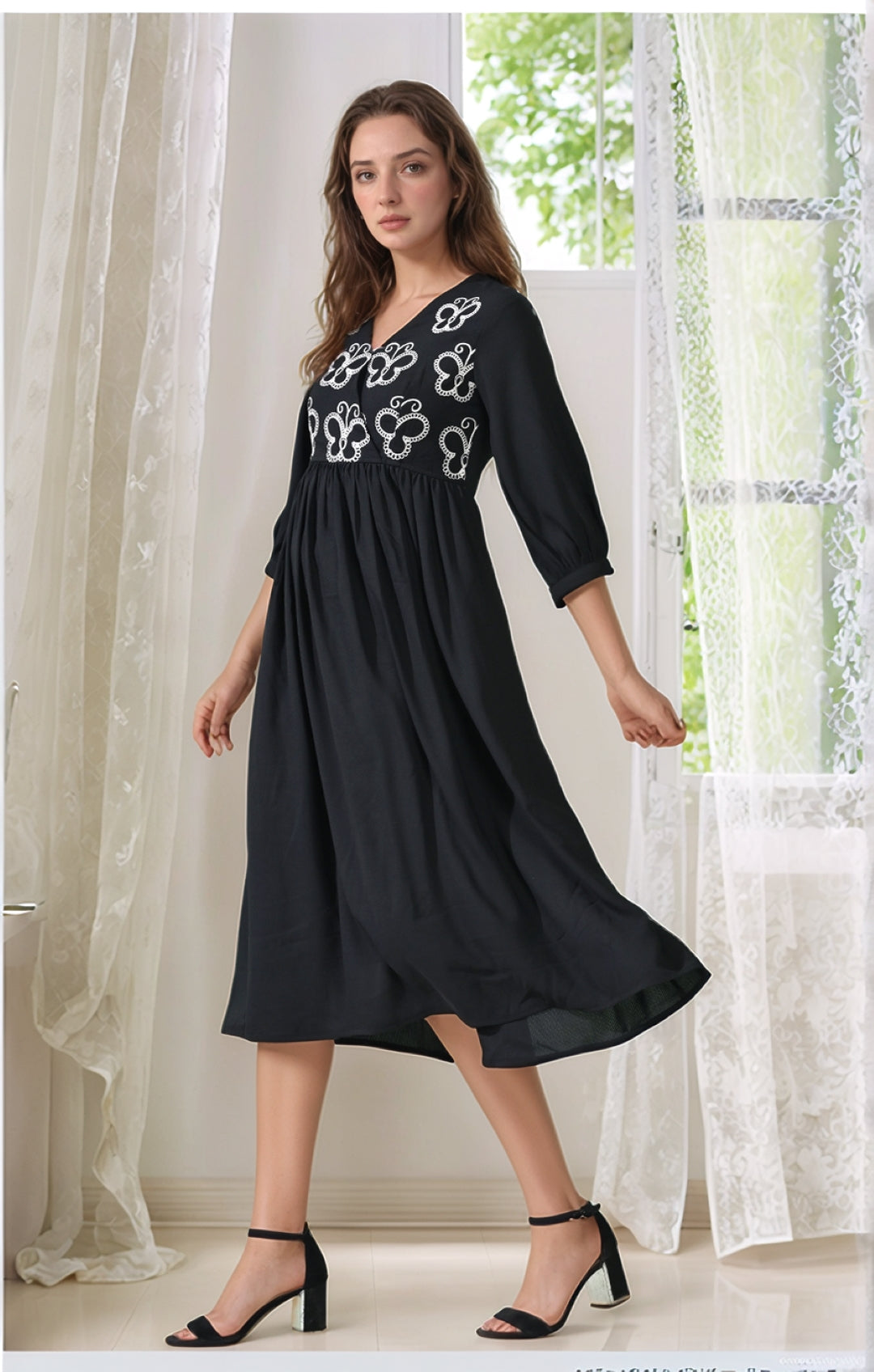 Myshka Women Flared Knee Length Embroidered Navy Dress