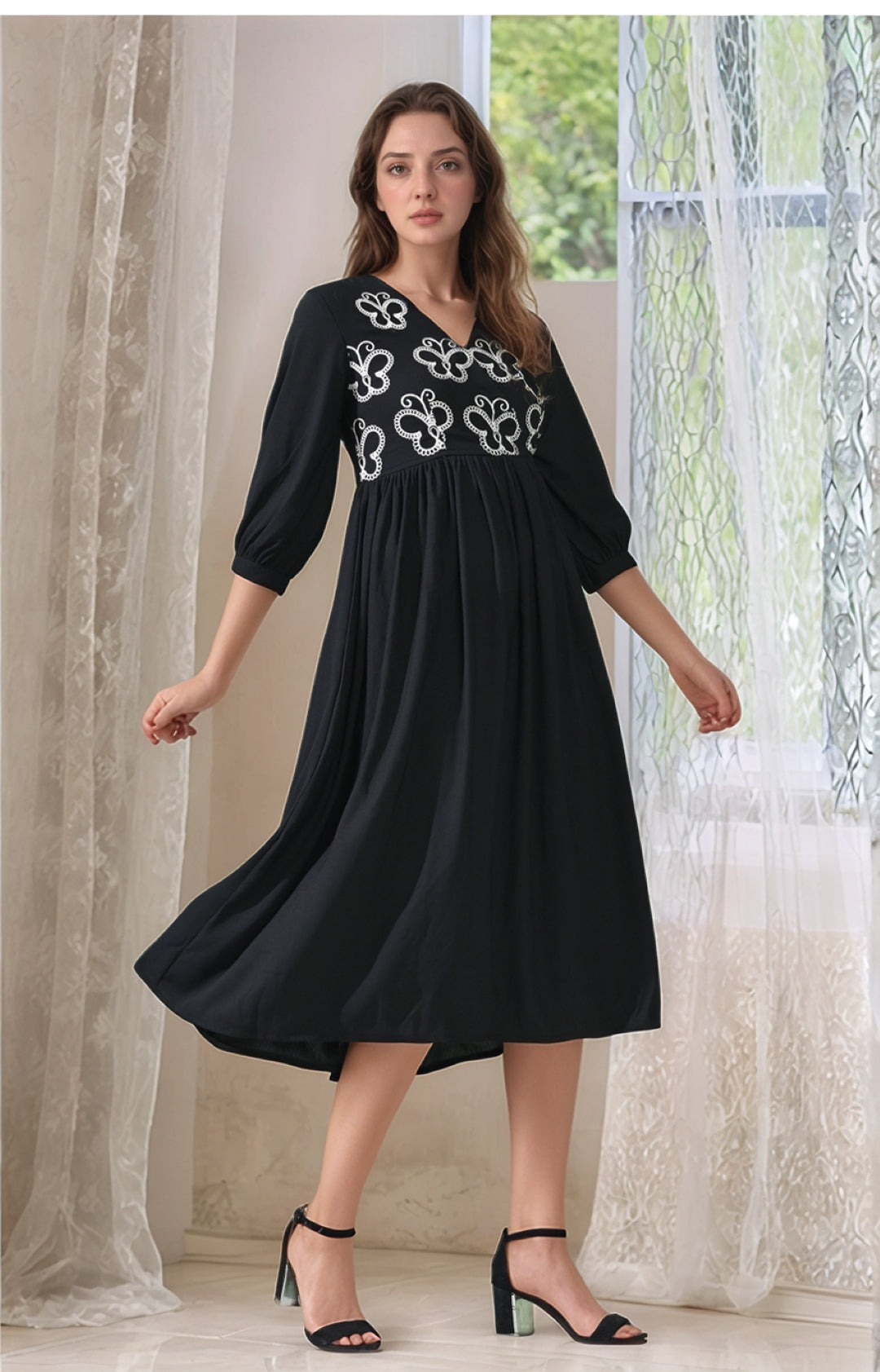 Myshka Women Flared Knee Length Embroidered Navy Dress