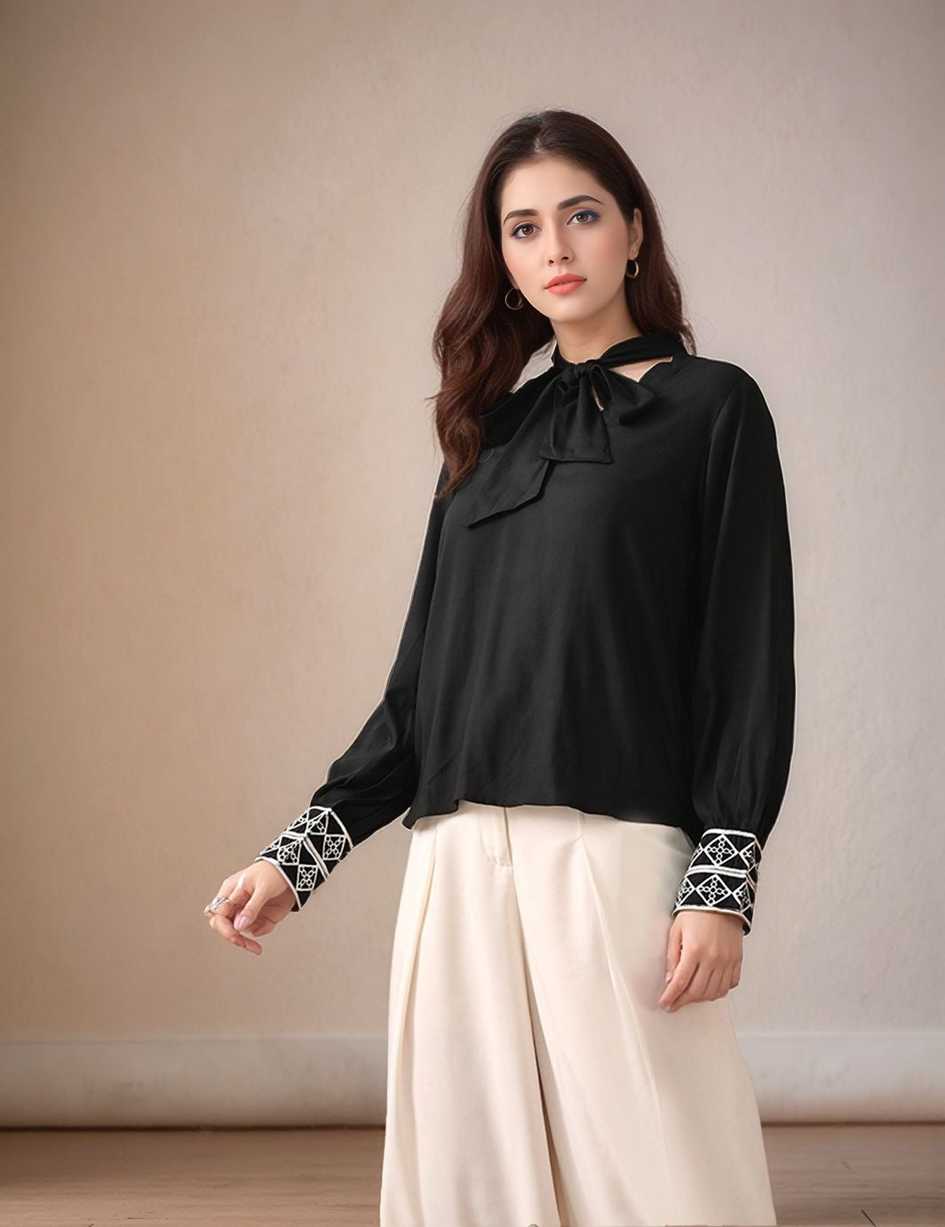 Myshka Women Black Embroidered Cuff Shirt Tie-up Neckline