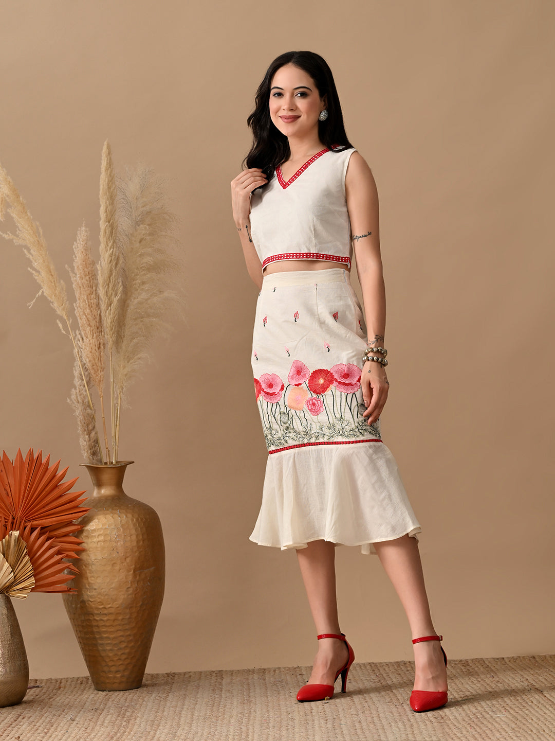 Myshka Women Multi Color Thread Floral Embroidered & Laced Sleeveless Top Mermaid Skirt Fusion
