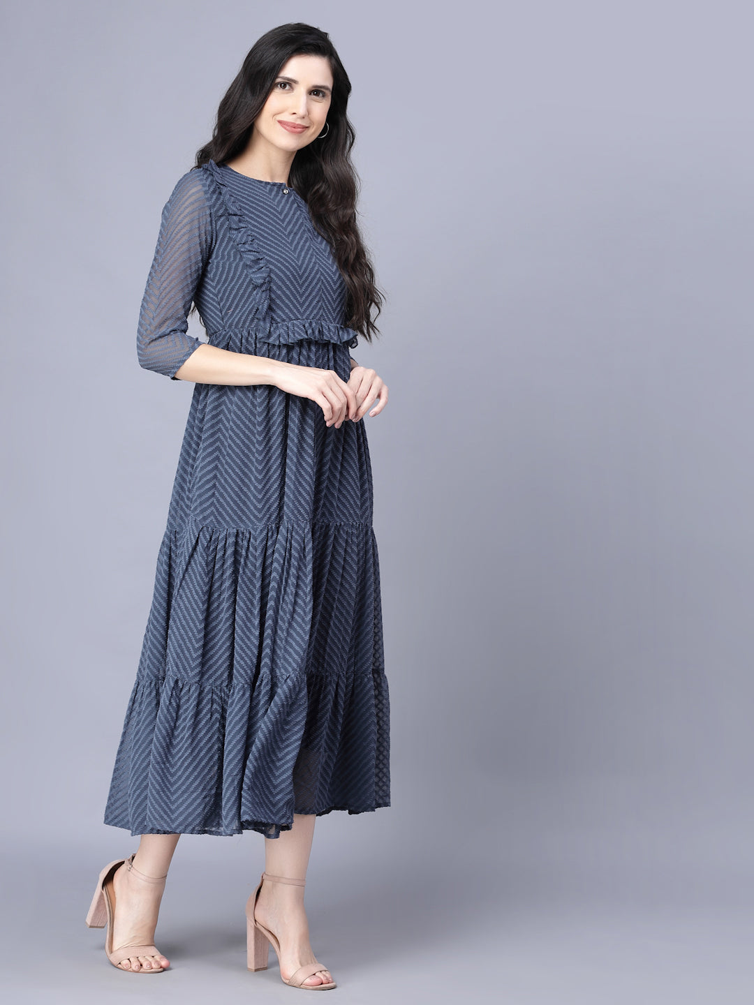 Myshka Myshka Georgette Solid 3/4 Sleeve Round Dark Grey Women Dress