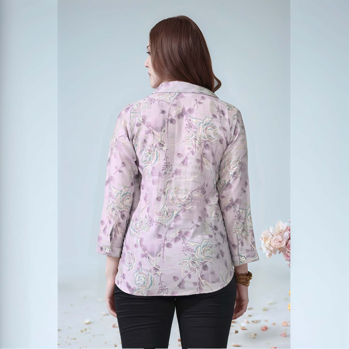 Myshka Women Causal Printed Shirt Style Embroidered Top Lavender Color