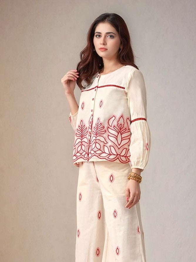 Myshka Women Red Embroidered Ethnic Motif Shirt Puffed Sleeve
