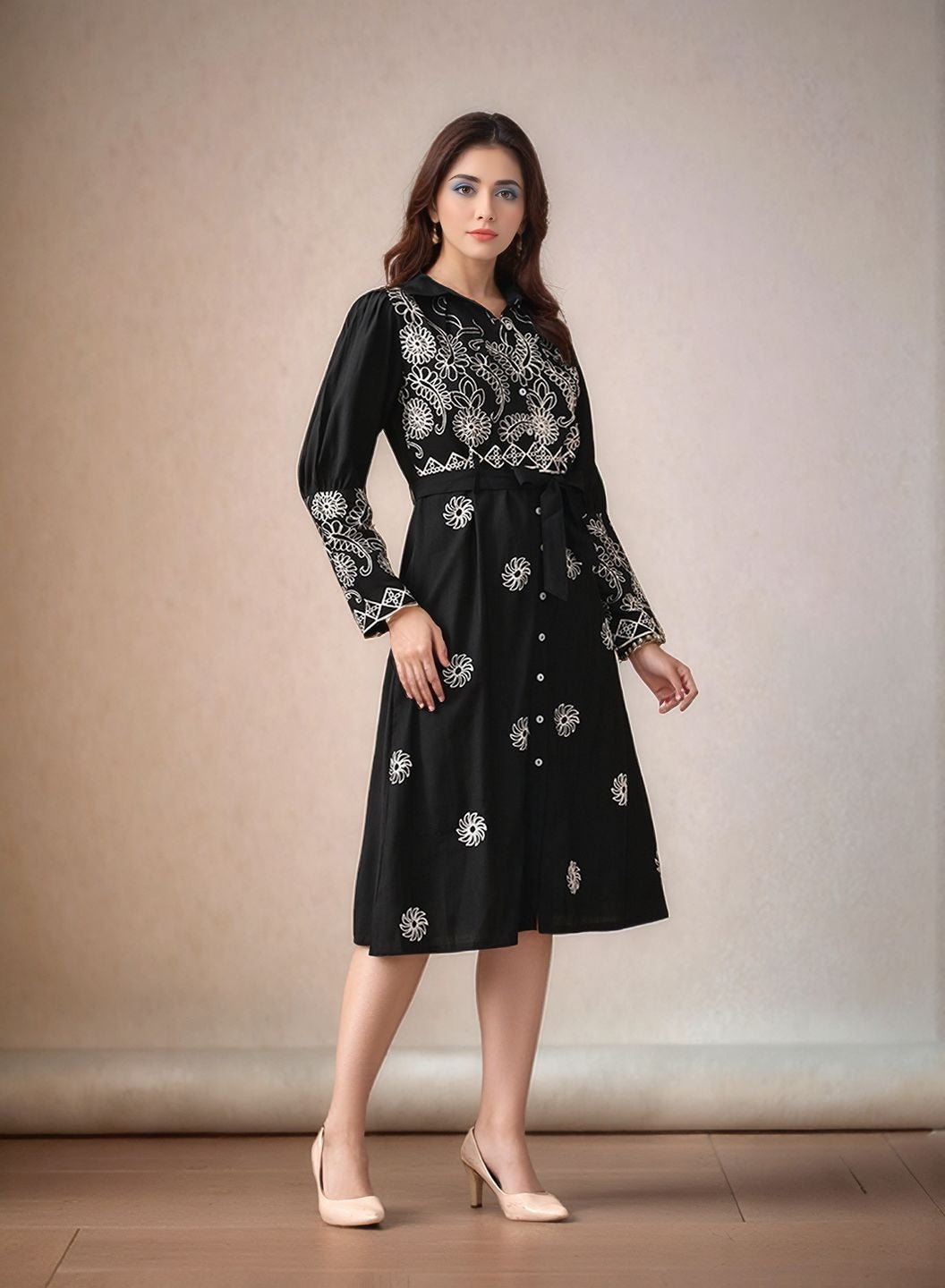 Myshka Women Black Embroidered Shirt Dress Trendy Full Sleeves
