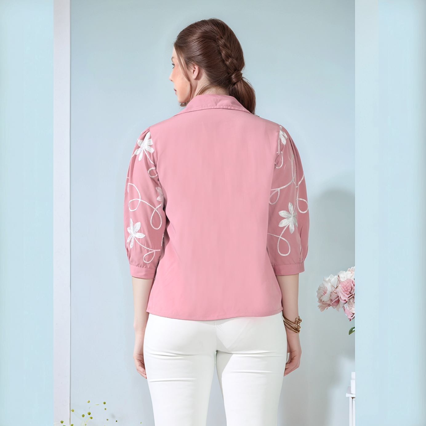 Myshka Women Causal Shirt Style Embroidered Top Pink Color
