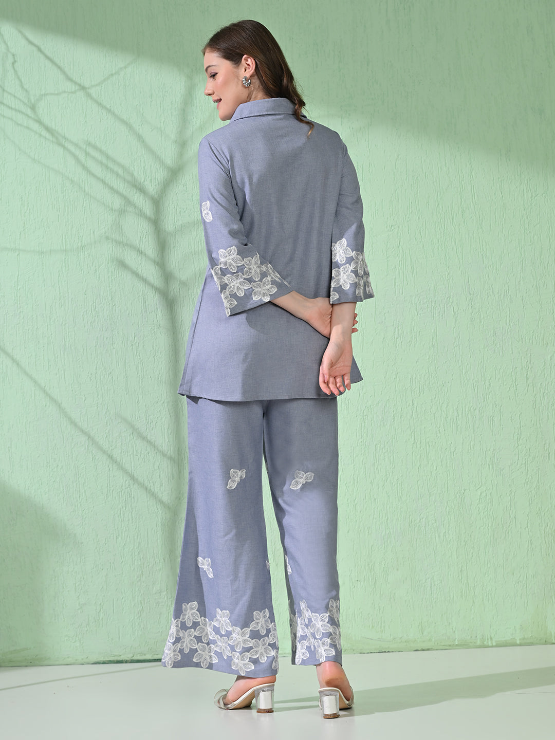 Myshka Women Floral Embroidered SkyBlue Tunic with Trouser