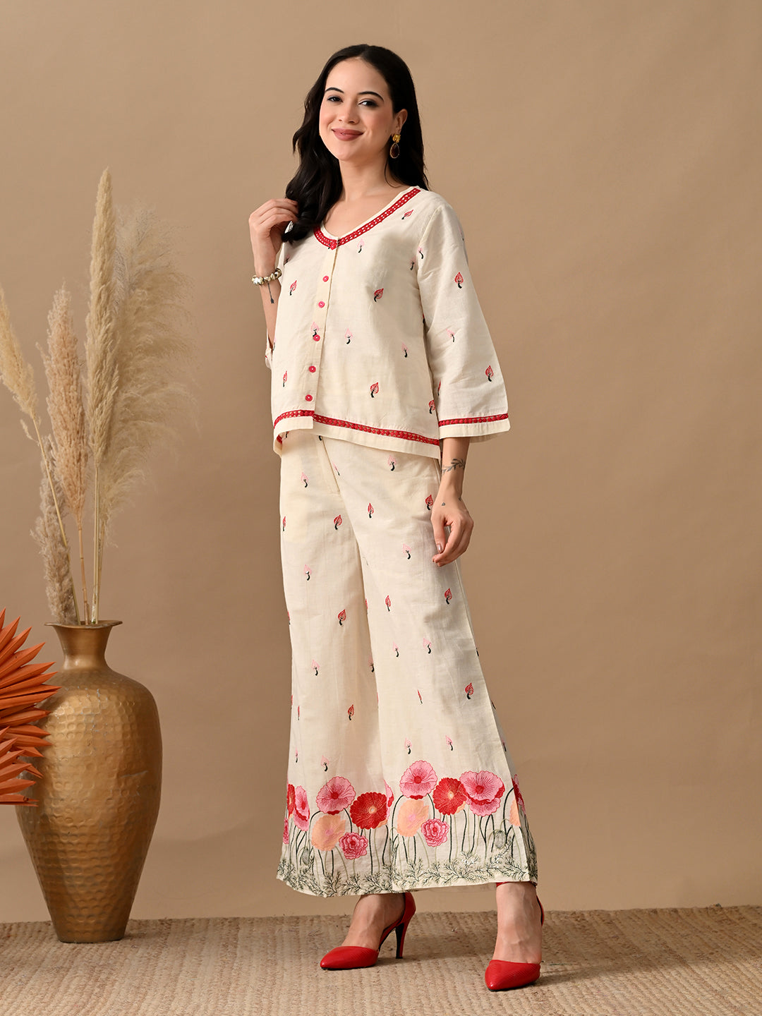 Myshka Women Multi Color Thread Floral Embroidered & Laced Shirt Trouser Festive