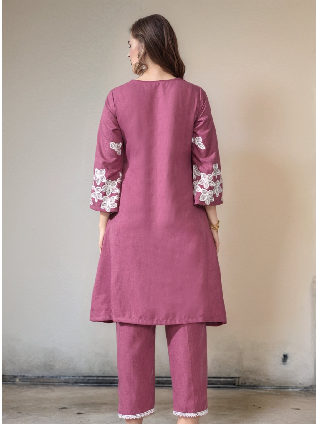 Myshka Women Embroidered Calf Length Mauve Kurta With Palazzo