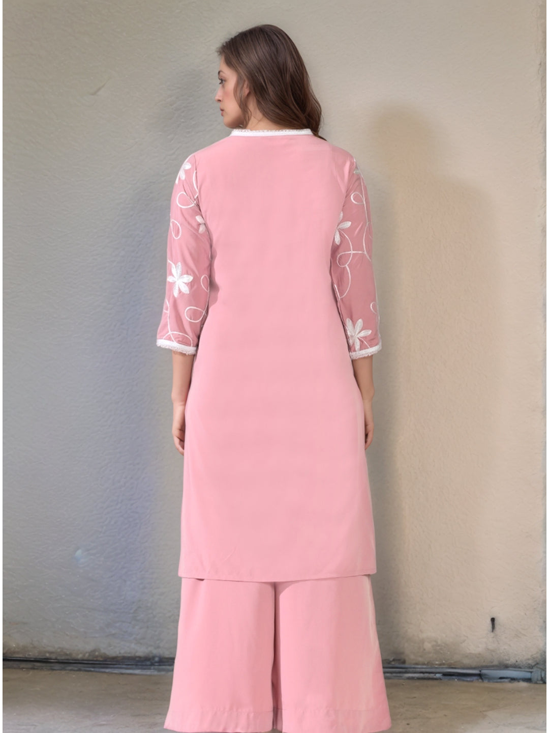 Myshka Women Embroidered Calf Length Pink Kurta With Palazzo