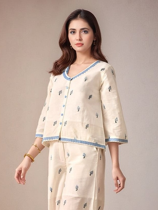 Myshka Women Blue Embroidered Laced Shirt Three-Quarter Sleeves