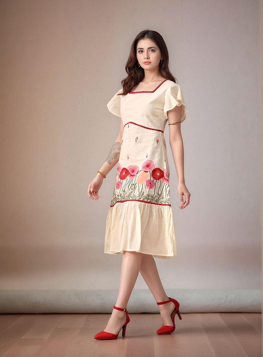Myshka Women Multi Color Thread Embroidered Laced Fitted Mermaid Dress Flared Sleeves