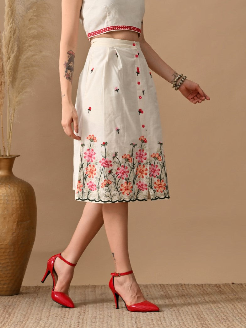 Myshka Women Classy Multi Color Thread Embroidered Pleated A-line Skirt Button closure