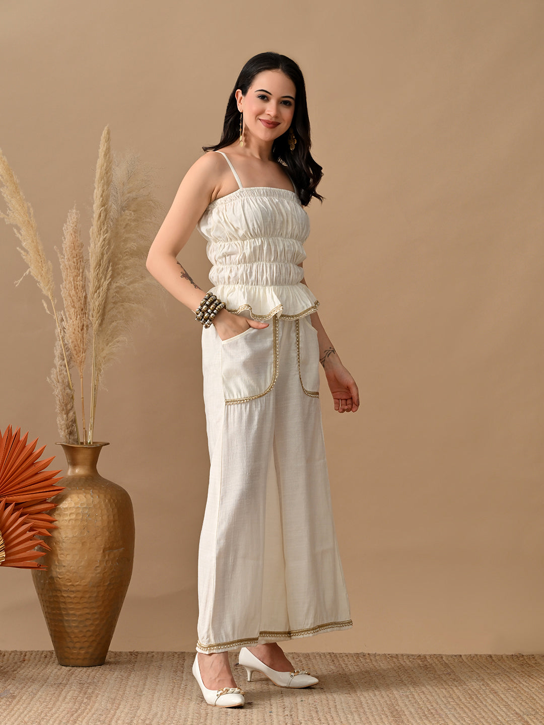 Myshka Women White Self Design Tube Top Trouser Festive