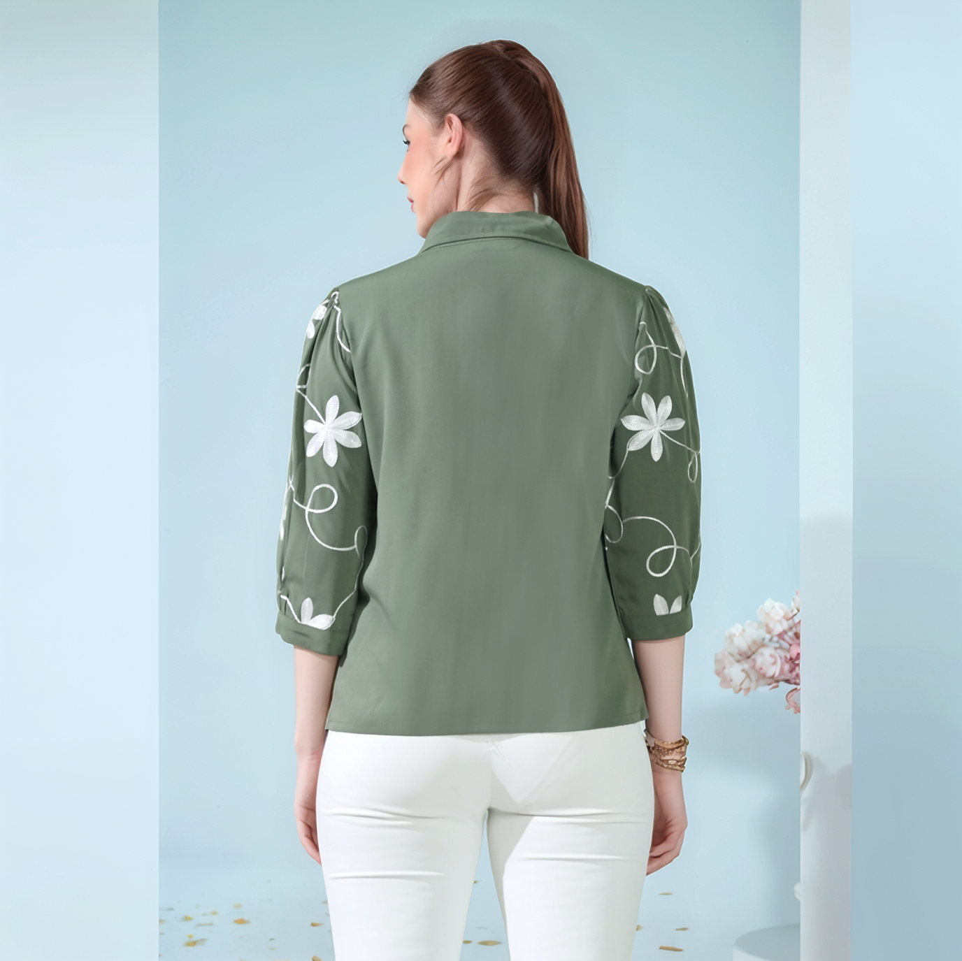 Myshka Women Causal Printed Shirt Style Embroidered Top Olive Color