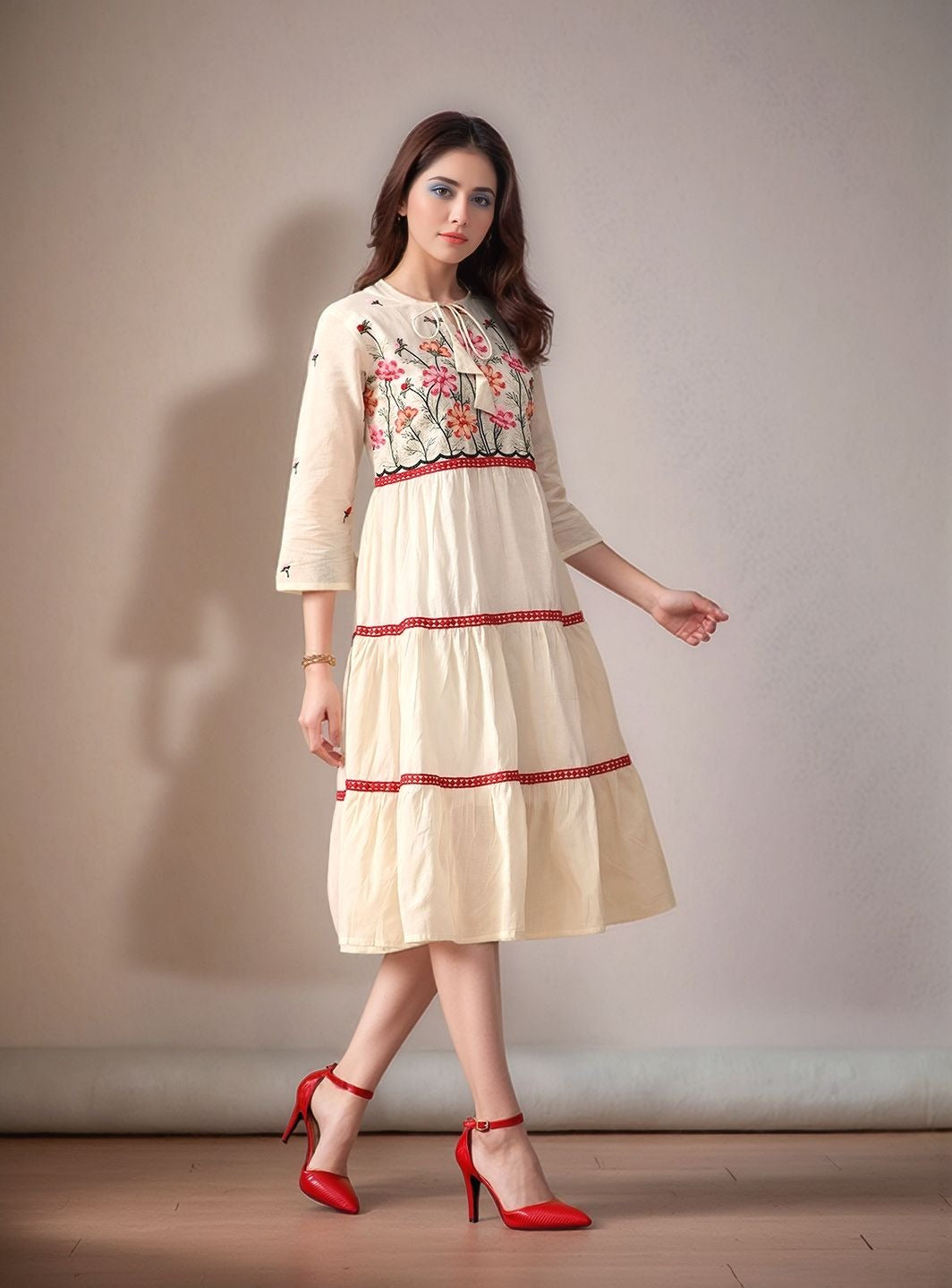 Myshka Women Multi Color Thread Embroidered Laced Tired Dress Regular Sleeves