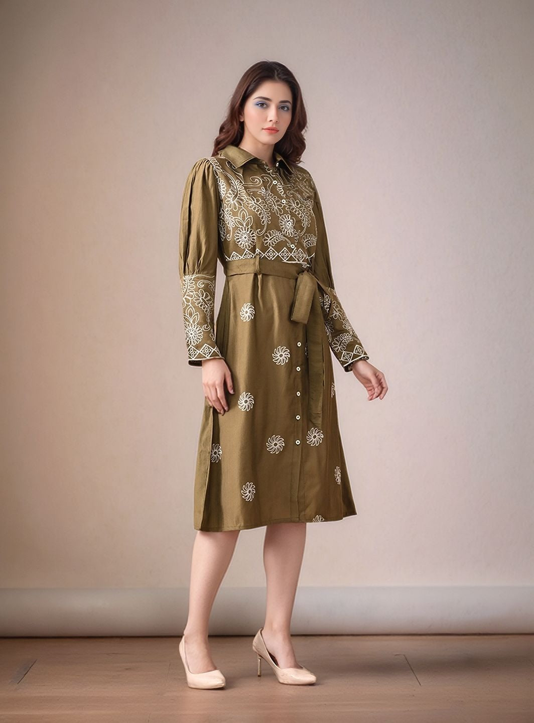 Myshka Women Olive Green Embroidered Shirt Dress Trendy Full Sleeves
