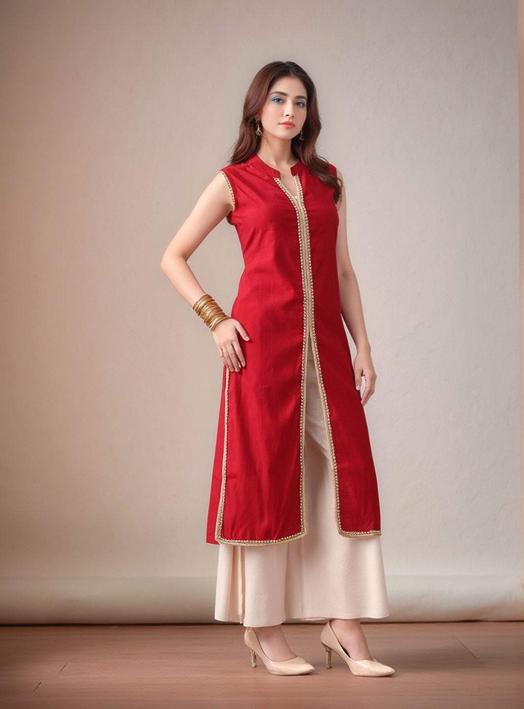 Myshka Women Kurta Set Red Laced Panel Kurta with Palazzo Round Neck A-line