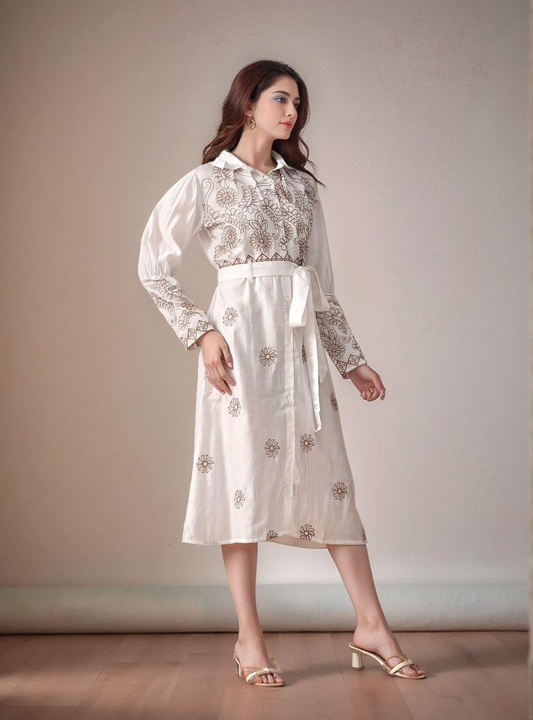 Myshka Women White Embroidered Shirt Dress Trendy Full Sleeves