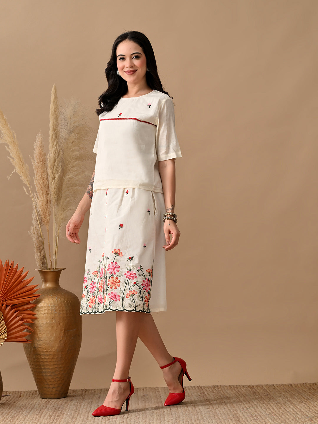 Myshka Women Multi Color Thread Embroidered Self Design Top Pleated Skirt Fusion Wear
