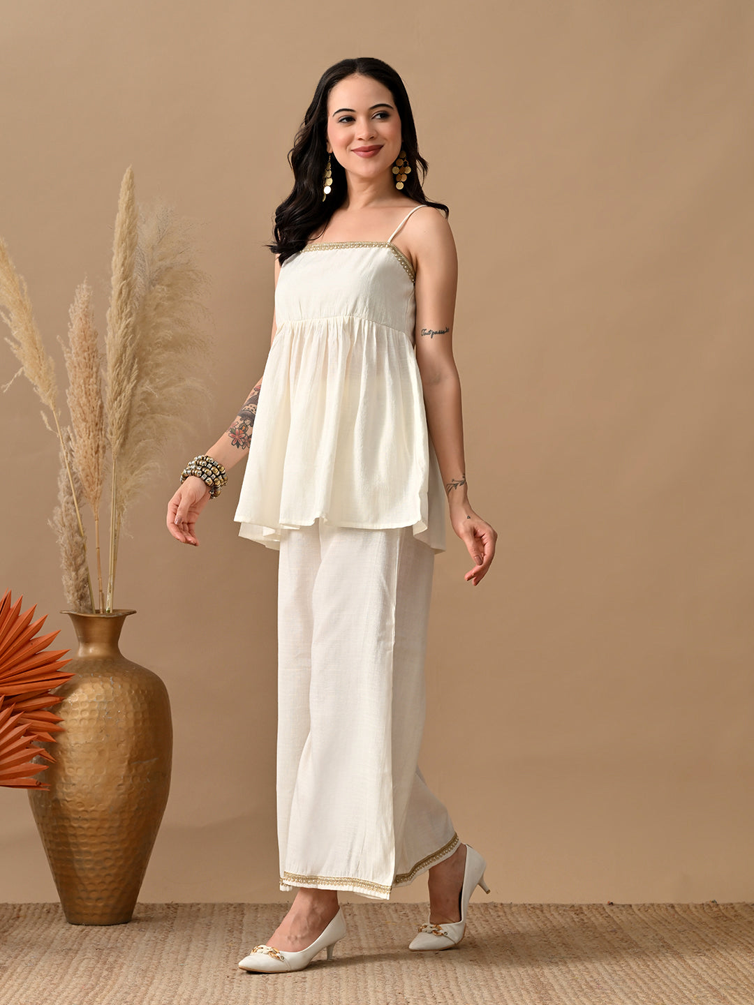 Myshka Women White Self Design Peplum Top Trouser Festive