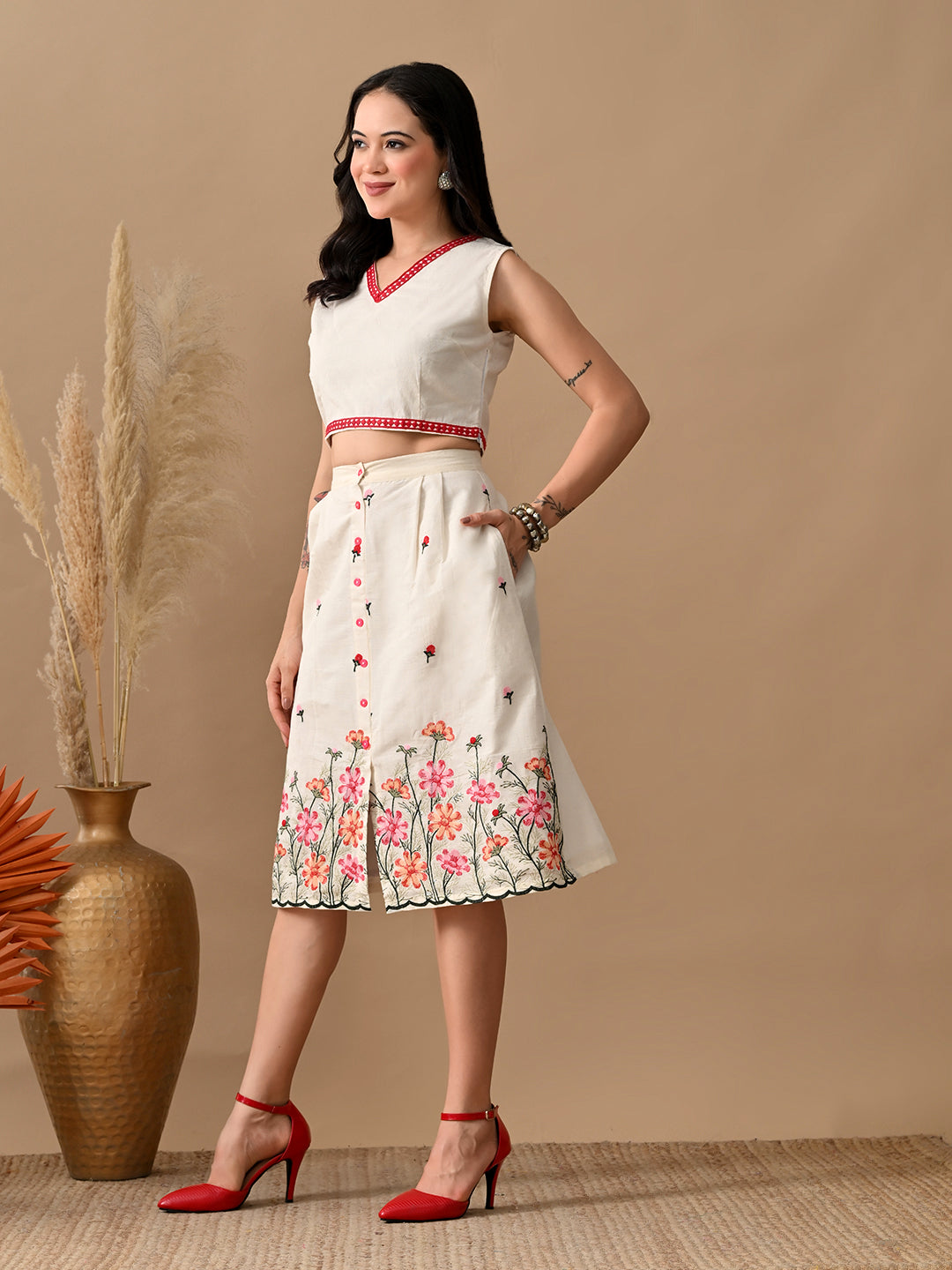 Myshka Women Multi Color Thread Floral Embroidered & Laced Sleeveless Top Pleated Skirt Fusion Wear