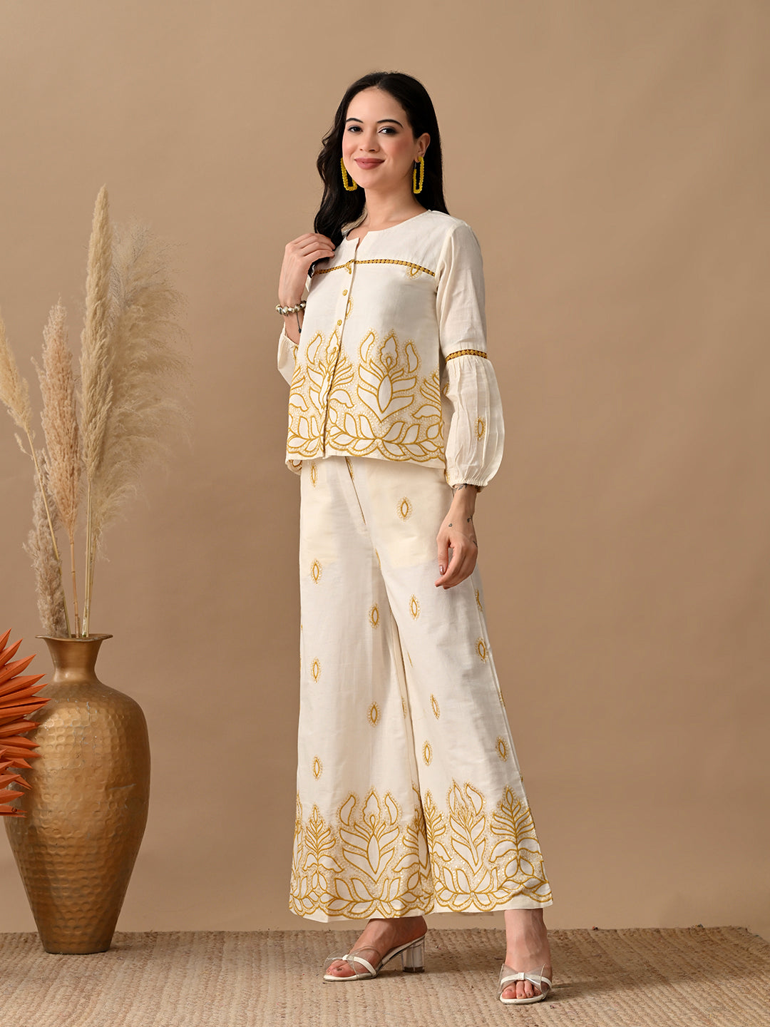 Myshka Women Mustard Yellow Embroidered Ethnic Motif & Laced Shirt Trouser Festive