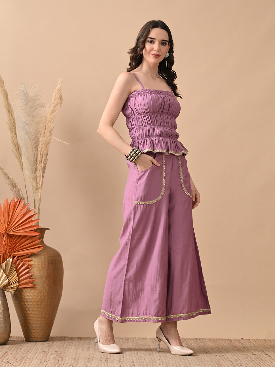 Myshka Women Lavender Self Design Tube Top Trouser Festive