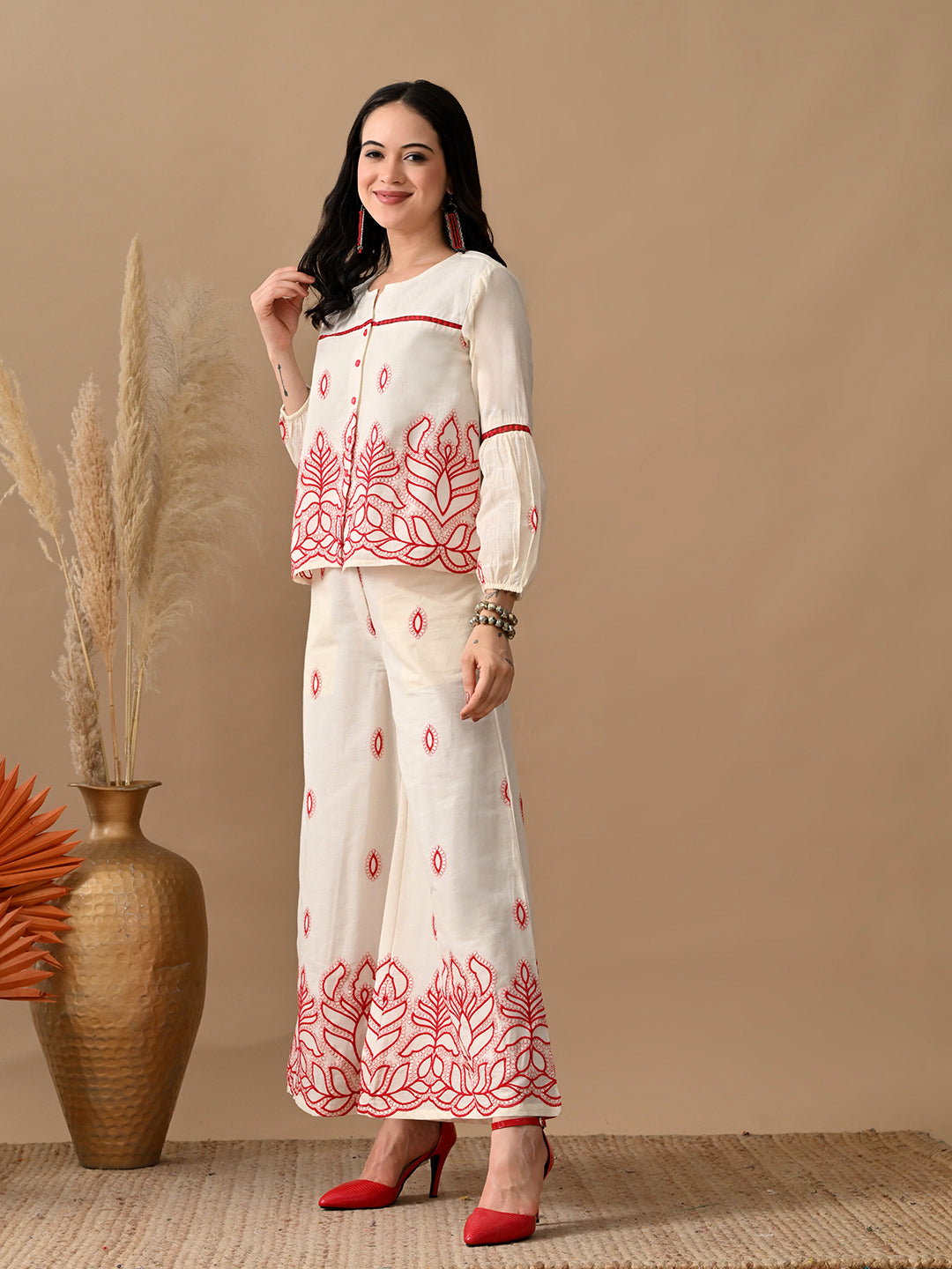 Myshka Women Red Embroidered Ethnic Motif & Laced Shirt Trouser Festive