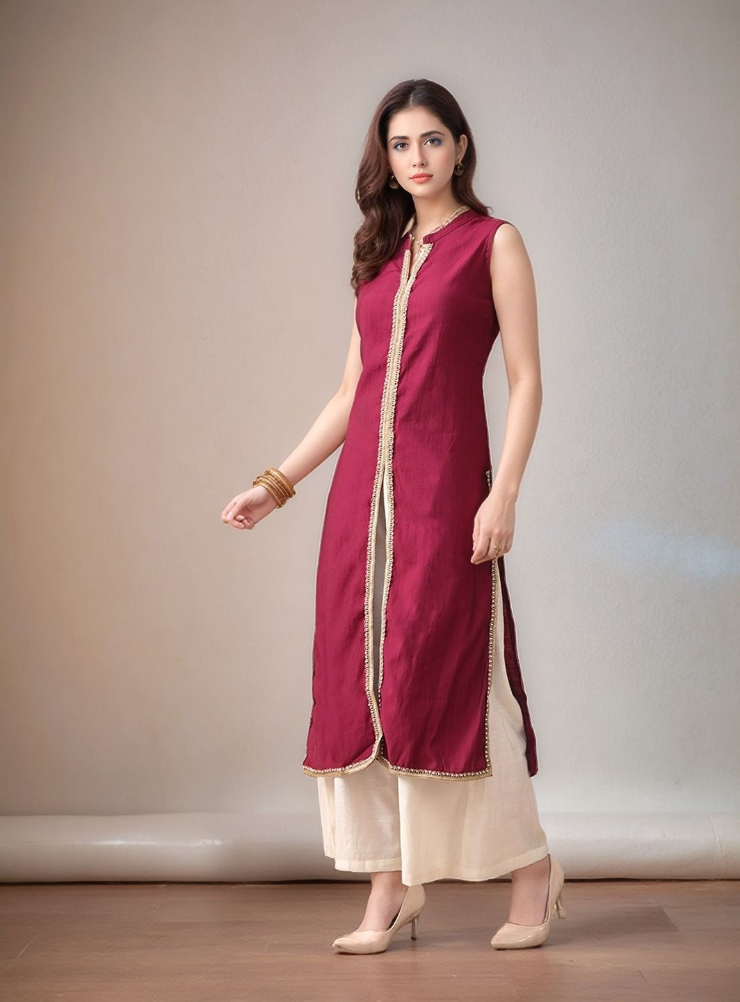 Myshka Women Kurta Set Magenta Laced Panel Kurta with Palazzo Round Neck A-line
