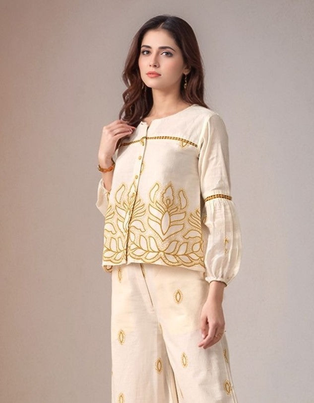 Myshka Women Mustard Yellow Embroidered Ethnic Motif Shirt Puffed Sleeve