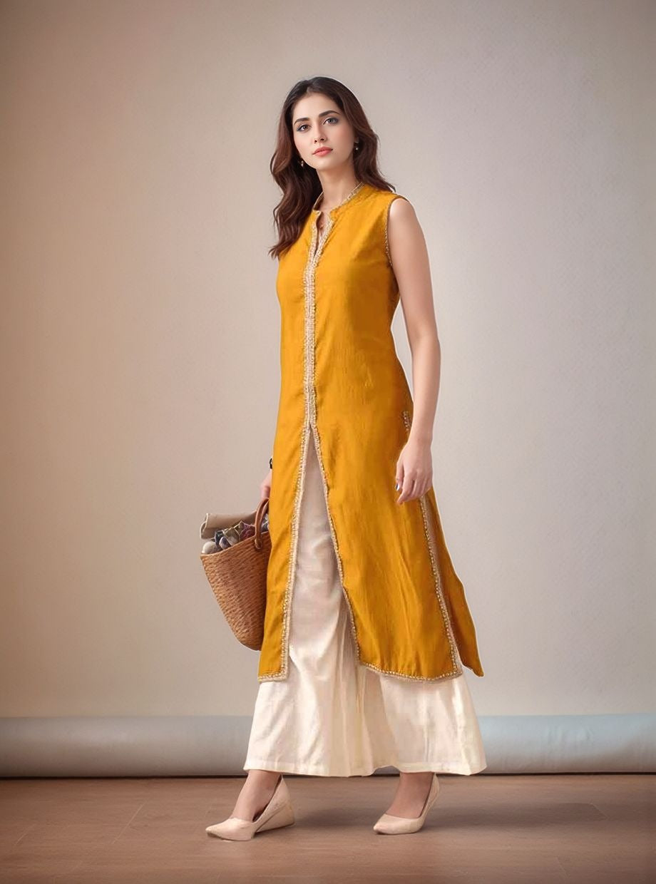 Myshka Women Kurta Set Yellow Laced Panel Kurta with Palazzo Round Neck A-line
