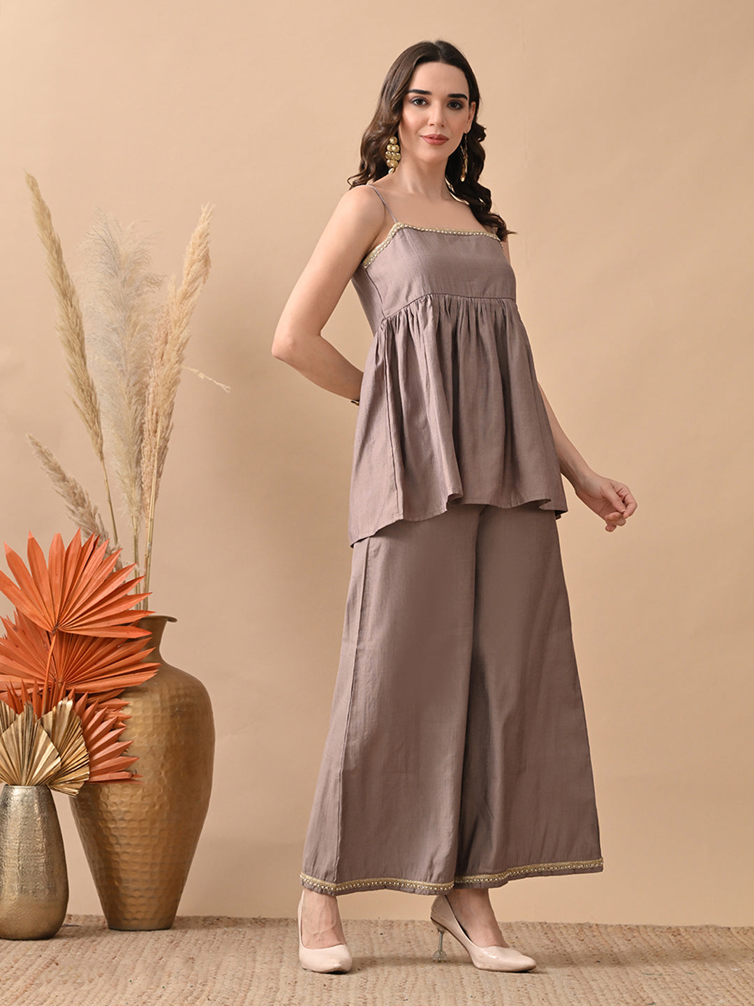 Myshka Women Grey Self Design Peplum Top Trouser Festive