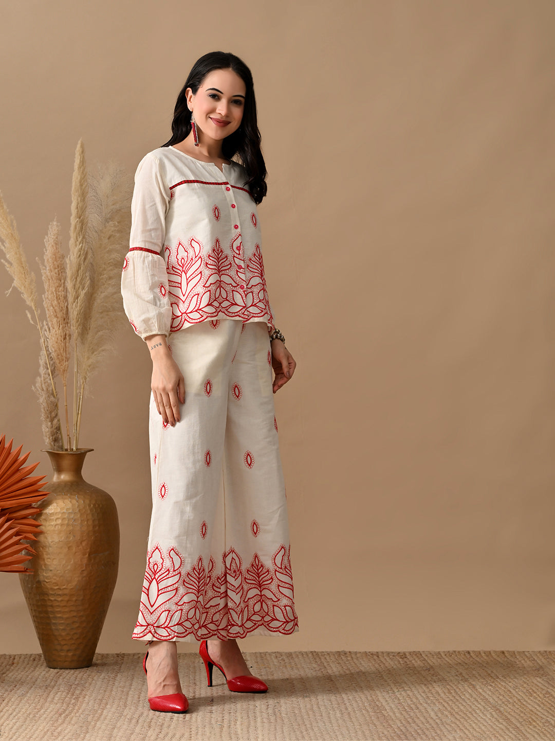 Myshka Women Red Embroidered Ethnic Motif & Laced Shirt Trouser Festive