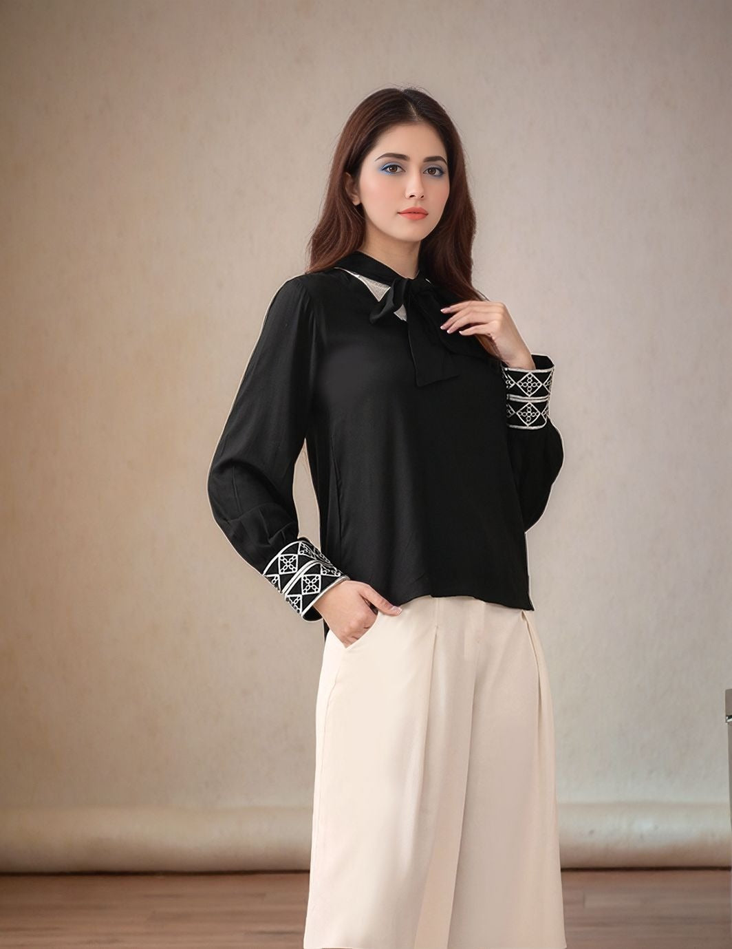 Myshka Women Black Embroidered Cuff Shirt Tie-up Neckline